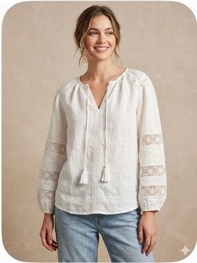 Magaschoni  White Lace-Inset Peasant Blouse 100% linen